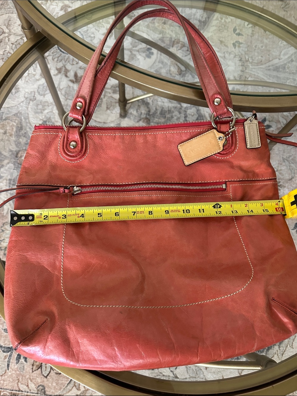 Coach Red Leather Shoulder Tote with Front Zip Pocket - Picture 5 of 7